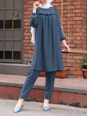 Women Solid Color Ruffle Trim Elastic Waist Pants Two-Piece Sets With Pockets