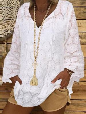 Plus Size Solid Color Lace Crochet Casual Blouse For Women
