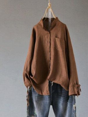 Plus Size Casual V-neck Long Sleeve Front Pocket Blouse