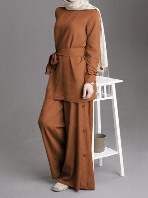 Women Solid Color Belted Blouse Button Loose Pants Two-Piece Casual Set