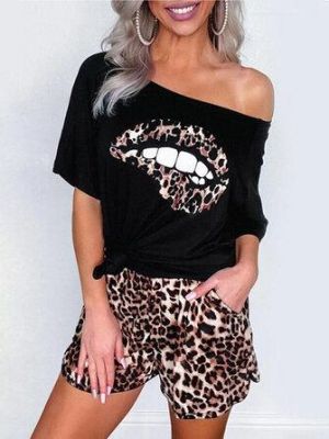 Casual Off Shoulder SLips Print T-shirts Leopard Print Shorts Two Pieces Sets