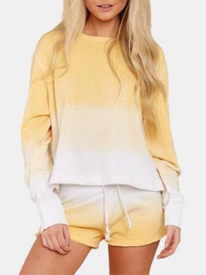 Women Yellow Gradient Round Neck Long Sleeve Drawstring Home Two-Piece Set