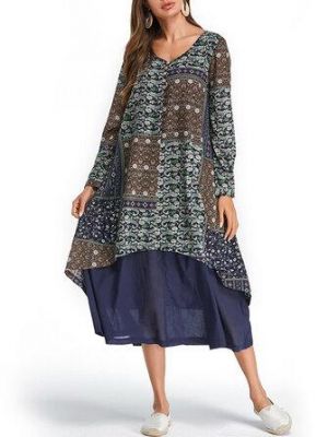Plus Size Floral Long Sleeve Patchwork Dress with Pockets
