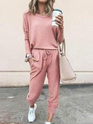 Women Daily Casual Home Solid Color Sweatshirt Sports Two-piece Set Pants Tracksuit