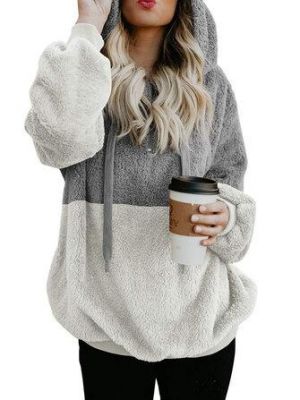 Plus Size Women Casual Two Tone Patchwork Fleece Hooded Sweatshirt