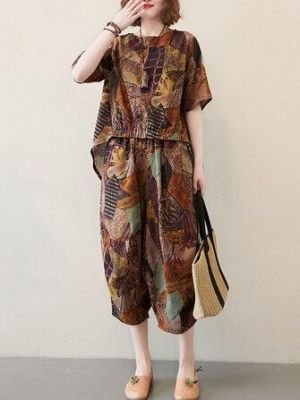 Vintage Print High-low Calf Length Side Pocket Casual Two-piece Suit For Women