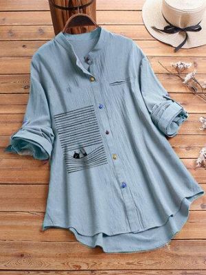 Stripe Cartoon Print Irregular Hem Long Sleeve Colorful Button Shirts