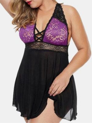 Plus Size Women Lace Hollow Out Backless Perspective Nightgown