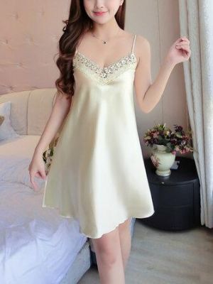 Lace Patchwork V-neck Sling Silky Nightdress