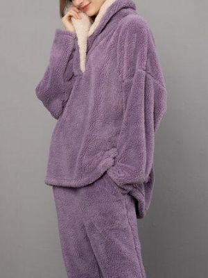 Women Fluffy Plush Thicken Lapel High Low Hem Loungewear Warm Pajamas Set