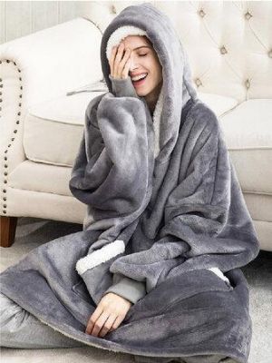Women Flannel Oversized Blanket Hoodies Thicken Warm Sleepwear Robes With Pocket