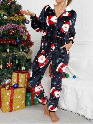 Women Christmas Santa Claus Print Flannel Ear Design Hooded Onesies Long Sleeve Pajamas
