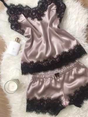 Lace Patchwork Elastic Waist Sleeveless Sling Two-piece Pajamas
