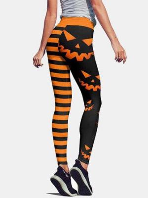 Halloween Women Pumpkin & Stripe Print High Waist Hip Lifting Sport Pants