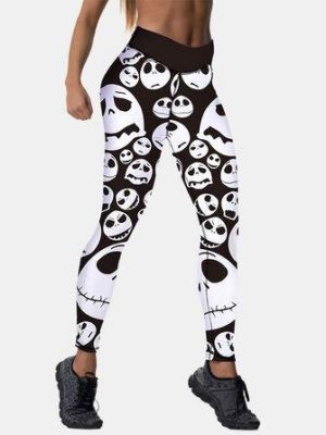 Women Halloween Style Skeleton Print Hip Lifting Sport High Waist Slim Pants