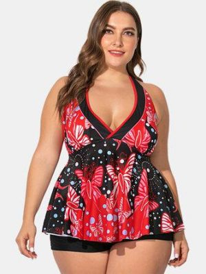 Plus Size Women Swimsuit Halter String Floral Print V-Neck Backless Swimdress