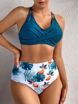 Plant Leaf Print Criss Cross Back High Waist Summer Beach Hawaii Bikinis Swimwear