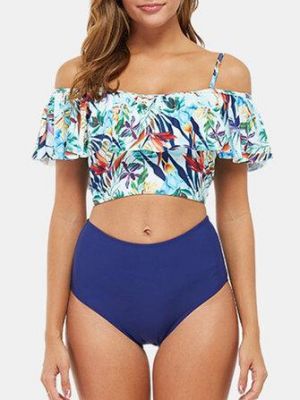Tropical Plant Print Ruffles High Waist Bikini Hawaii Casual Swimsuit For Women