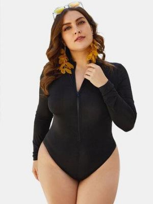 Plus Size High Neck Long Sleeve Zip Up Swimwear For Women
