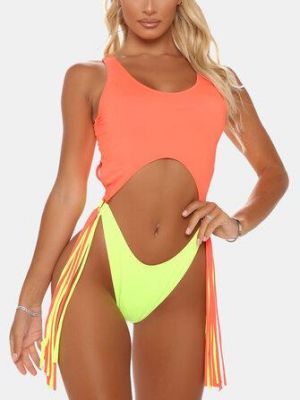 Women Contrast Color Patchwork Tassel Wireless Low Waist Beach Swimwear One Piece