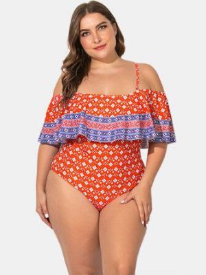 Plus Size Sling Ruffled Trim Printed Swimwear Off Shoulder One-Pieces