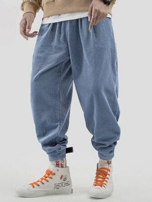 Mens Vintage Corduroy Warm Elastic Waist Thick Casual Pants