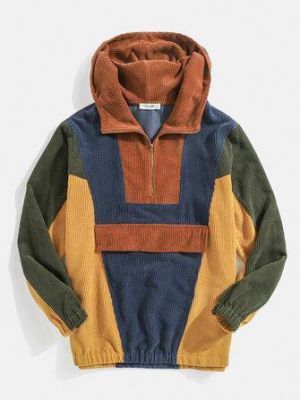 Mens Designer Patchwork Corduroy Half Button Pullover Hoodies