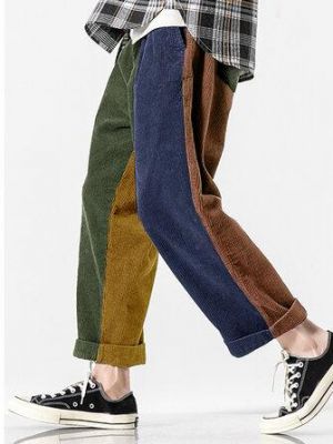 Mens Patchwork Solid Color Corduroy Pocket Casual Pants
