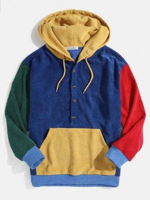 Mens Corduroy Colorblock Patchwork Half Button Pouch Pocket Drawstring Hoodies