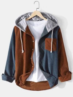 Mens Contrast Patchwork Corduroy Long Sleeve Drawstring Hooded Shirts With Pocket