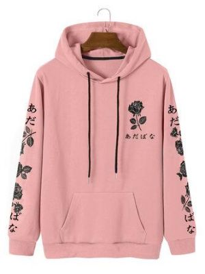 Mens Rose Printed Drawstring Retro Hoodies with Front Pocket