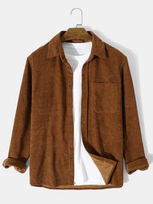 Mens Corduroy Solid Basic Button Pocket Casual Shirt