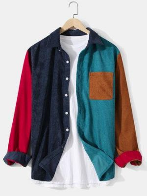 Mens Corduroy Color Block Patchwork Lapel Pocket Long Sleeve Shirts