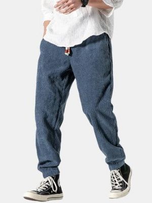 Mens Corduroy Design Cotton Solid Color Drawstring Mid Waist Harem Pants