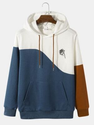 Mens Rose Three Color Block Vintage Flower Printed Hoodies