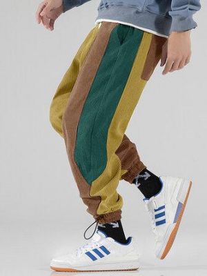 Mens Corduroy Tricolor Patchwork Pocket Drawstring Jogger Pants