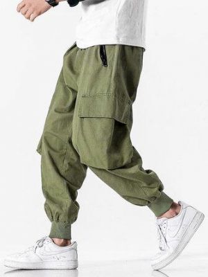 Mens 100% Cotton Utility Solid Color Drawstring Waist Cargo Pants