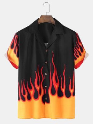 Mens Flame Print Revere Collar Loose Casual Short Sleeve Shirts