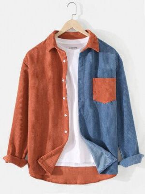 Mens Patchwork Corduroy Color Block Long Sleeve Shirts With Pocket