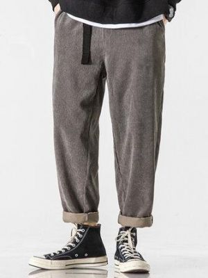 Mens Corduroy Solid Color Casual Push Buckle Waist Pants