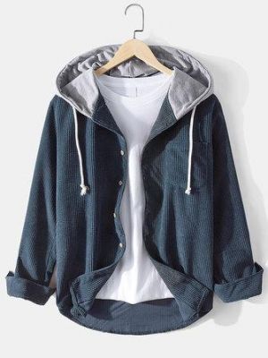 Mens Corduroy Casual Long Sleeve Drawstring Hooded Shirts With Pocket
