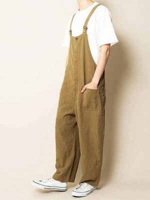 Men 100% Cotton Multi Pockets Straight Wide Leg Loose Fit Overalls Pants