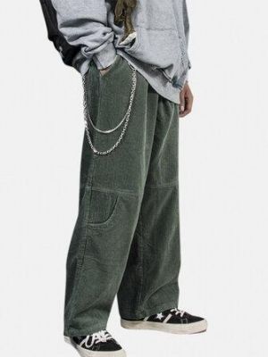 Corduroy Mens Drawstring Multi Pocket Solid Color Loose Pants