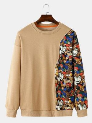 Mens Casual Cartoon Animal Patchwork Crew Neck Pullover Sweatshirts
