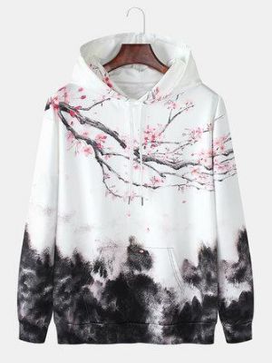 Mens Cheerry Landscape Print Kangaroo Pocket Drawstring Hoodies