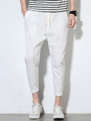 Mens Summer Cotton Linen Solid Color Casual Straight Pants