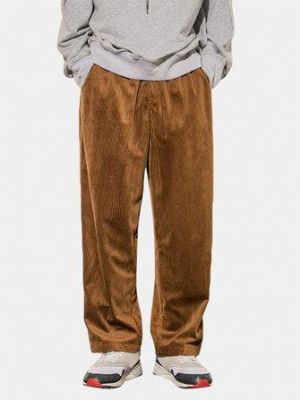 Mens Corduroy Cotton Applique Solid Loose Casual Elastic Waist Pants