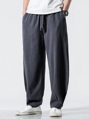 Mens 100% Cotton Solid Color Pocket Loose Drawstring Pants