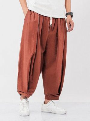 Mens 100% Cotton Solid Color Drawstring Pocket Casual Harem Pants