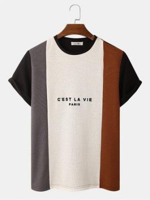 Mens Letter Print Knitted Veins Patchwork Crew Neck T-Shirts